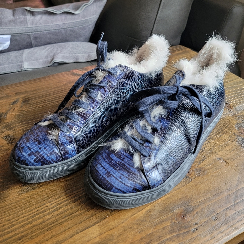 Dibrera by Paolo Zanoli Sneakers Fur Lined Blue 39 9-9.5 Genuine Leather Italy